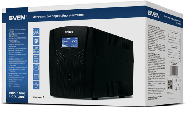 ИБП SVEN Pro 1500 (LCD, USB), линейно-интерактивный, автоматический стабилизатор напряжения, 1500Вт, 900Ва, 3 евророзетки, USB, RJ-45, черный, габариты 140?350?175мм, 10кг. Sven UPS Pro 1500 ИБП SVEN Pro 1500 (LCD, USB), линейно-интерактивный, автоматический стабилизатор напряжения, 1500Вт, 900Ва, 3 евророзетки, USB, RJ-45, черный, габариты 140?350?175мм, 10кг. Sven UPS Pro 1500