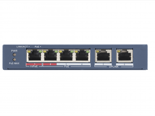 4 RJ45 100M PoE с грозозащитой 6кВ; 2 Uplink порт 10/100M Ethernet: 802.3af/at/bt1 порт поддерживает HiPoE 60Вт; бюджет PoE 60Вт; поддержка режима передачи до 250м10Мб/с CAT5e; таблица MAC адресов на 2000 записей; пропускная способность 1.2Гб/с; 48 VAC ма
