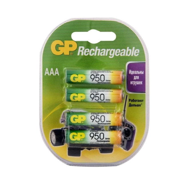 Перезаряжаемые аккумуляторы GP 100AAAHC AAA, мин. ёмкость 950 мАч - 4 шт.(3+1 в подарок) в клемшеле GP 4891199134708