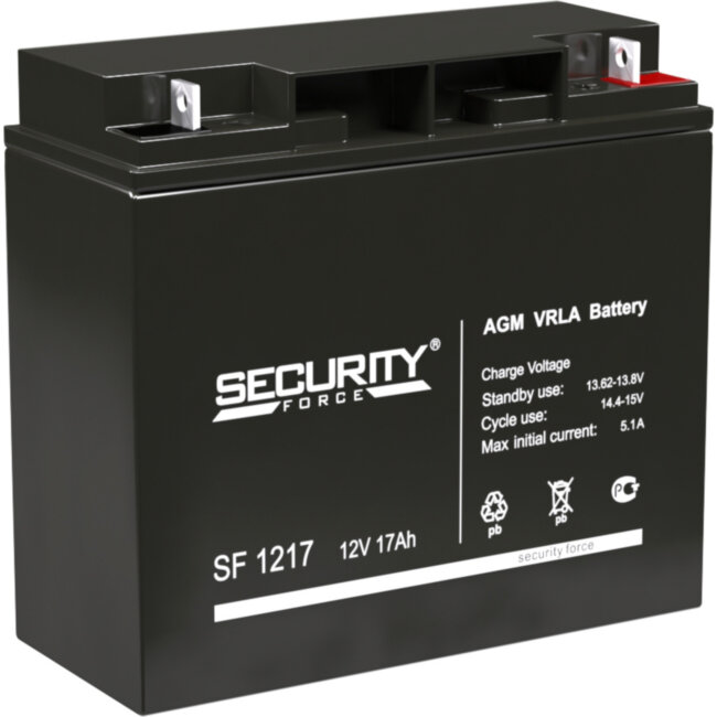 Батарея SECURITY FORCE серия SF, SF 1217, напряжение 12В, емкость 1.5Ач (разряд 20 часов),  макс. ток разряда (5 сек.) 18А, макс. ток заряда 5.1А, свинцово-кислотная типа AGM, клеммы под гайку и болт M6, ДxШxВ 181х77х167мм., вес кг., срок службы 3-5 лет. 