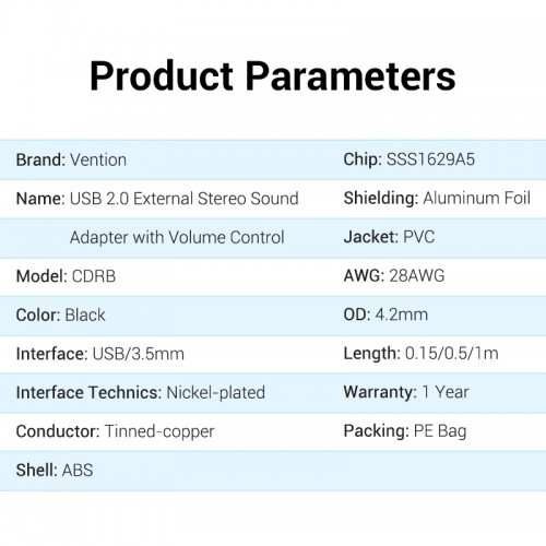Внешняя звуковая карта Vention USB c регулятором громкости Черная Vention CDRBB