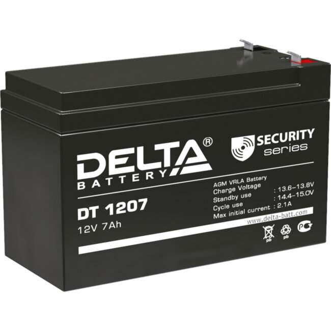 Батарея DELTA серия DT, DT 1207, напряжение 12В, емкость 7Ач (разряд 20 часов),  макс. ток разряда (5 сек.) 108А, макс. ток заряда 2.1А, свинцово-кислотная типа AGM, клеммы F1, ДxШxВ 151х65х95мм., вес 2.05кг., срок службы 5 лет. Delta DT 1207 (12V / 7Ah)
