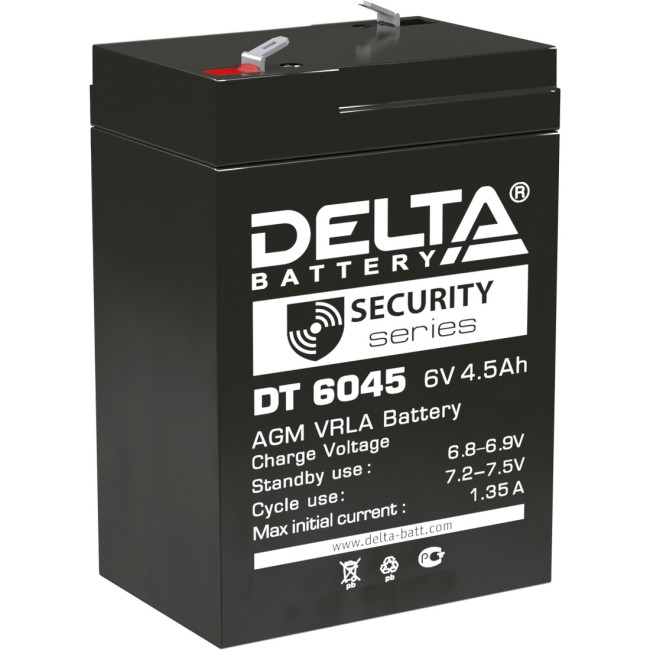 Батарея DELTA серия DT, DT 6045, напряжение 6В, емкость 4.5Ач (разряд 20 часов),  макс. ток разряда (5 сек.) 70А, макс. ток заряда 1.35А, свинцово-кислотная типа AGM, клеммы F1, ДxШxВ 70х47х100мм., вес 0.75кг., срок службы 5 лет. Delta DT 6045 (6V / 4.5Ah