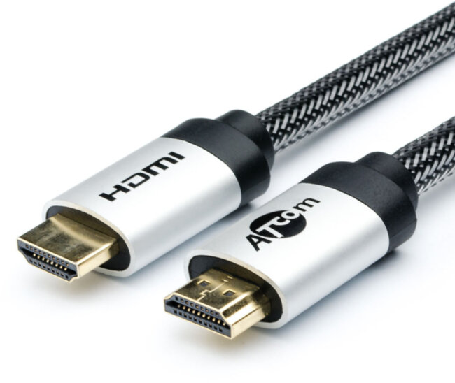 Кабель HDMI 1 м (HIGH speed, Metal gold, в чулке, в пакете) ATcom HDMI (m) - HDMI (m) 1м
