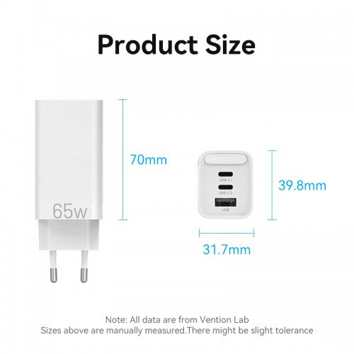 Сетевое зарядное устройство Vention на 3 порта 65W USB (C+C+A) 2.4A Белый Vention FEDW0-EU