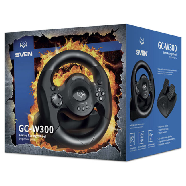Руль SVEN GC-W300 (педали, вибро, лепестки, D-pad, 10 кл, резин. вставки, PC, цифр. и аналог.) SVEN GC-W300 Руль SVEN GC-W300 (педали, вибро, лепестки, D-pad, 10 кл, резин. вставки, PC, цифр. и аналог.) SVEN GC-W300