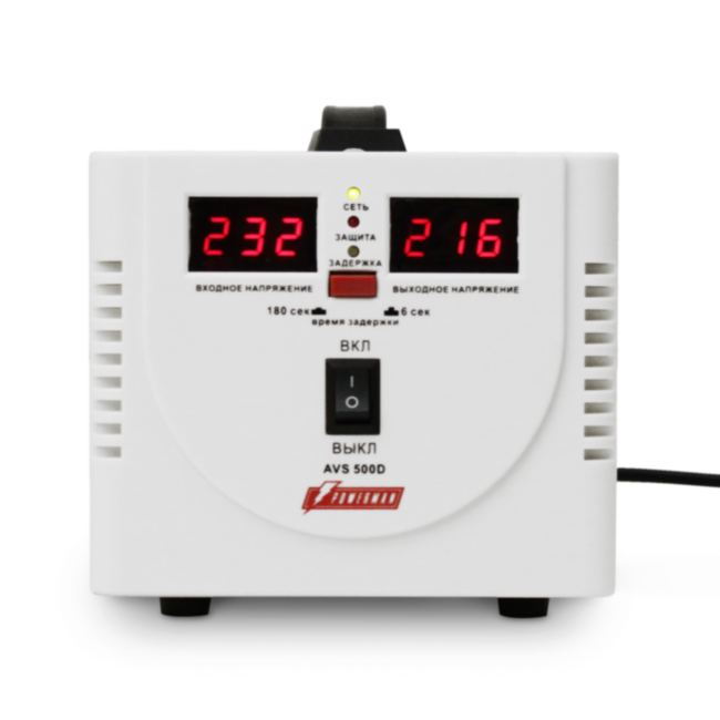 Стабилизатор POWERMAN AVS 500D, ступенчатый регулятор, цифровые индикаторы уровней напряжения, 500ВА, 140-260В, максимальный входной ток 5А, 2 евророзетки, IP-20, напольный,  200мм х 150мм х 140мм, 2,3 кг. POWERMAN AVS 500D Стабилизатор POWERMAN AVS 500D, ступенчатый регулятор, цифровые индикаторы уровней напряжения, 500ВА, 140-260В, максимальный входной ток 5А, 2 евророзетки, IP-20, напольный,  200мм х 150мм х 140мм, 2,3 кг. POWERMAN AVS 500D