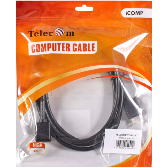 Кабель HDMI---HDMI ver 2.0 угловой коннектор 90град  2м,Telecom <TCG225-2M> VCOM TCG225-2M