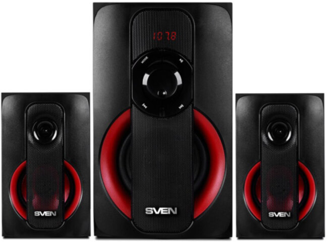SVEN MS-304, черный, акустическая система 2.1, мощность (RMS): 20 Вт + 2x10 Вт, FM-тюнер, USB/SD, дисплей, ПДУ, Bluetooth SVEN MS-304