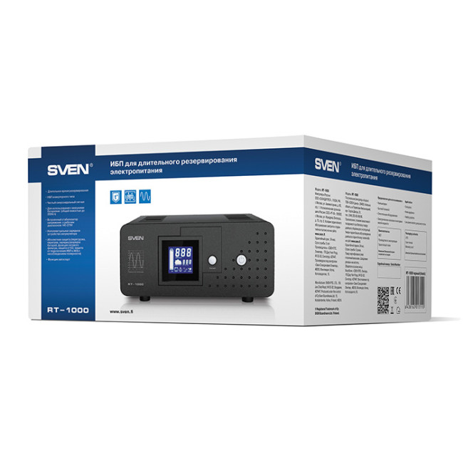 ИБП SVEN RT-1000, линейно-интерактивный непрерывного действия с длительным временем резервирования, автоматический стабилизатор напряжения, 600Вт, 1000Ва, 2 евророзетки, аккумуляторные батареи в комплект не входят, 300мм x 270мм x 140мм, 9.9 кг SVEN RT-10 ИБП SVEN RT-1000, линейно-интерактивный непрерывного действия с длительным временем резервирования, автоматический стабилизатор напряжения, 600Вт, 1000Ва, 2 евророзетки, аккумуляторные батареи в комплект не входят, 300мм x 270мм x 140мм, 9.9 кг SVEN RT-10