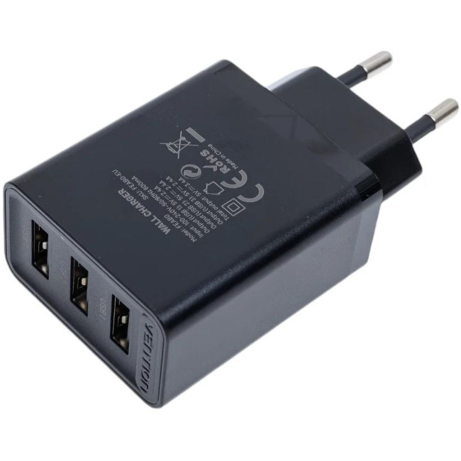 Сетевое зарядное устройство Vention на 3 порта USB 2.4A Черный Vention FEAB0-EU