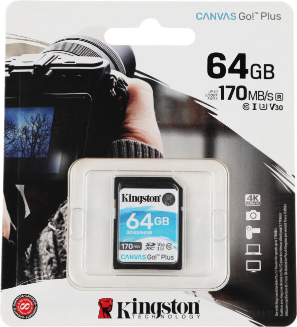 Карта памяти Kingston 64GB SDXC Canvas Go Plus 170R C10 UHS-I U3 V30 Kingston SDG3/64GB Карта памяти Kingston 64GB SDXC Canvas Go Plus 170R C10 UHS-I U3 V30 Kingston SDG3/64GB