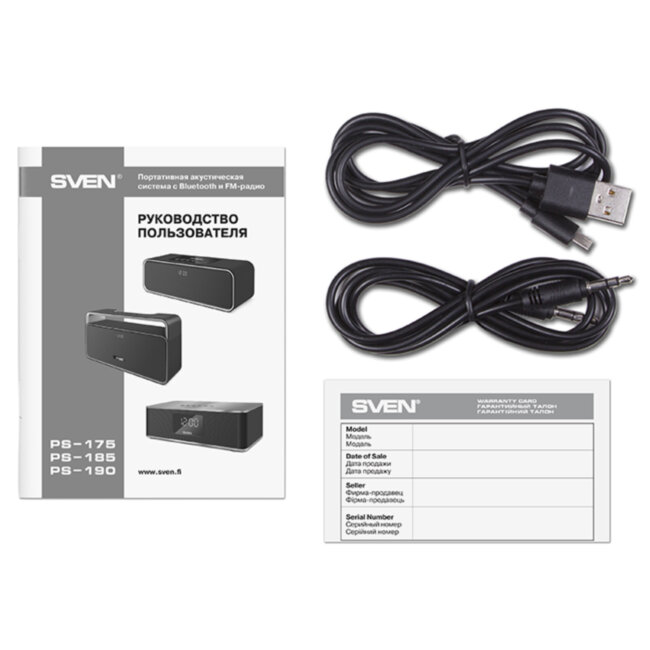 SVEN PS-190, черный-серебро, акустическая система 2.0, мощность 2x5 Вт (RMS), Bluetooth, FM, USB, microSD, LED-дисплей, часы, будильник, встроенный аккумулятор) SVEN PS-190 SVEN PS-190, черный-серебро, акустическая система 2.0, мощность 2x5 Вт (RMS), Bluetooth, FM, USB, microSD, LED-дисплей, часы, будильник, встроенный аккумулятор) SVEN PS-190