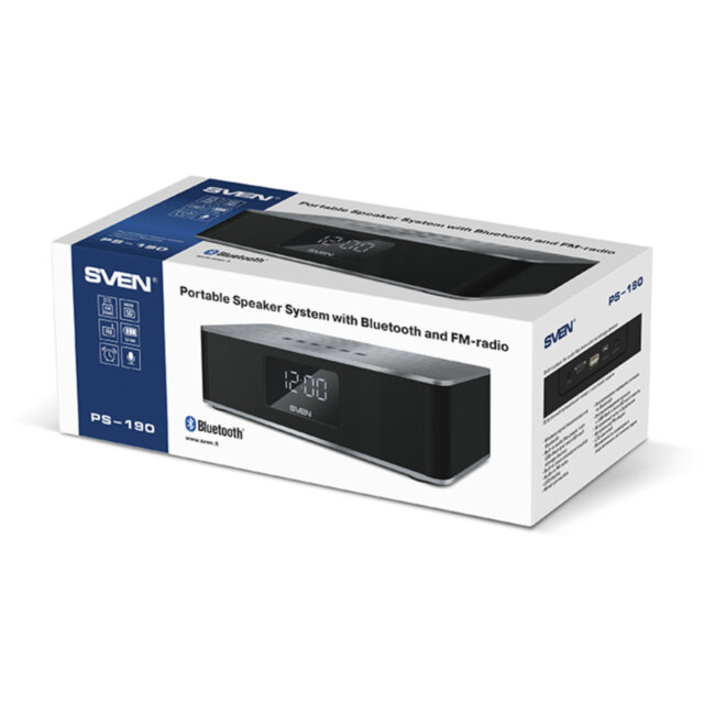 SVEN PS-190, черный-серебро, акустическая система 2.0, мощность 2x5 Вт (RMS), Bluetooth, FM, USB, microSD, LED-дисплей, часы, будильник, встроенный аккумулятор) SVEN PS-190 SVEN PS-190, черный-серебро, акустическая система 2.0, мощность 2x5 Вт (RMS), Bluetooth, FM, USB, microSD, LED-дисплей, часы, будильник, встроенный аккумулятор) SVEN PS-190