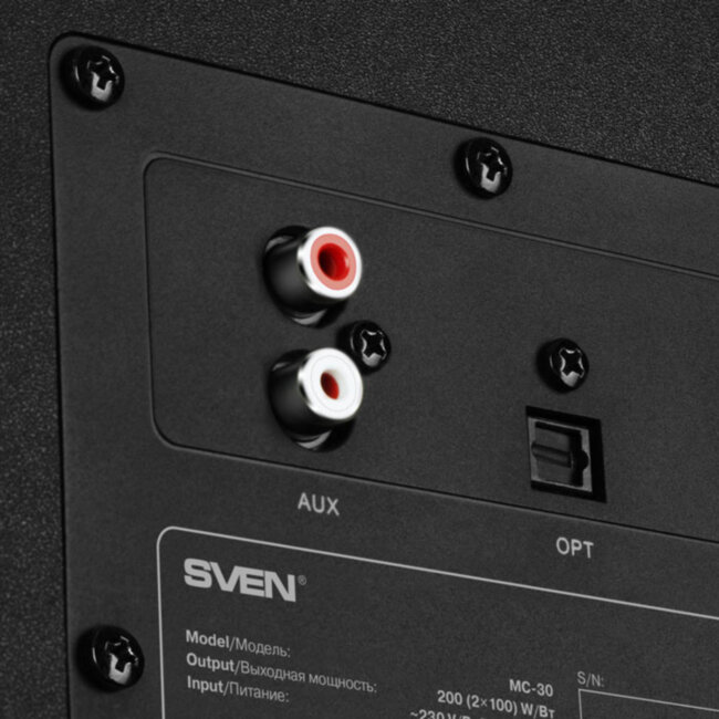 SVEN MC-30, чёрный, акустическая система 2.0, мощность 2x100Вт (RMS), пульт ДУ, Bluetooth, Optical Sven MC-30 SVEN MC-30, чёрный, акустическая система 2.0, мощность 2x100Вт (RMS), пульт ДУ, Bluetooth, Optical Sven MC-30