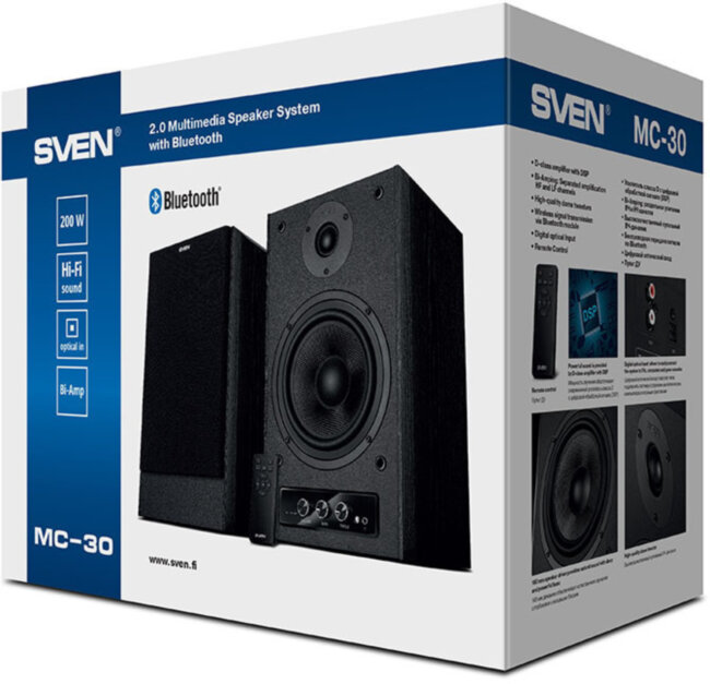 SVEN MC-30, чёрный, акустическая система 2.0, мощность 2x100Вт (RMS), пульт ДУ, Bluetooth, Optical Sven MC-30 SVEN MC-30, чёрный, акустическая система 2.0, мощность 2x100Вт (RMS), пульт ДУ, Bluetooth, Optical Sven MC-30