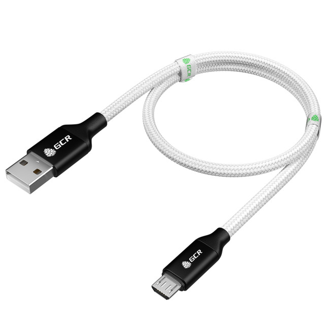 GCR Кабель 1.2m MicroUSB, белый нейлон, AL корпус черный, черный ПВХ, 28/28 AWG, GCR-53629 GreenConnect GCR-53629