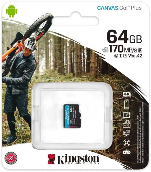 Карта памяти Kingston 64GB microSDXC Canvas Go Plus 170R A2 U3 V30 Card W/O ADP Kingston SDCG3/64GBSP Карта памяти Kingston 64GB microSDXC Canvas Go Plus 170R A2 U3 V30 Card W/O ADP Kingston SDCG3/64GBSP
