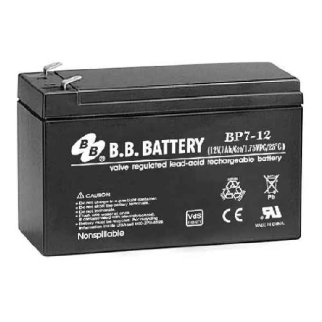 Батарея B.B. Battery серия BP, BP7-12, напряжение 12В, емкость 7Ач (разряд 20 часов), макс. ток разряда (5 сек.) 105А, макс. ток заряда 2.1A, свинцово-кислотная типа AGM, клеммы T2, ДxШxВ 151x65x98мм., вес 2.54кг., срок службы 10 лет BB Battery BP7-12