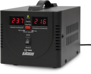 Стабилизатор POWERMAN AVS 1000D, черный, ступенчатый регулятор, цифровые индикаторы уровней напряжения, 1000ВА, 140-260В, максимальный входной ток 7А, 2 евророзетки, IP-20, напольный,  200мм х 150мм х 140мм, 2,3 кг. POWERMAN AVS 1000D