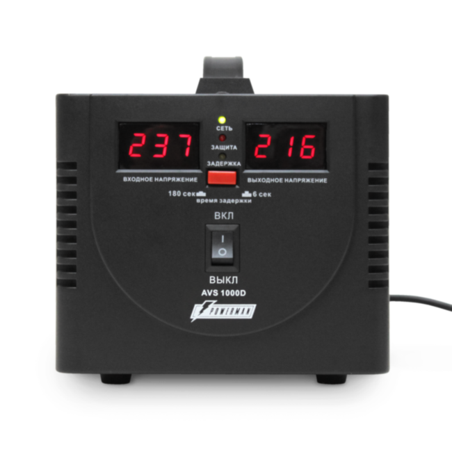 Стабилизатор POWERMAN AVS 1000D, черный, ступенчатый регулятор, цифровые индикаторы уровней напряжения, 1000ВА, 140-260В, максимальный входной ток 7А, 2 евророзетки, IP-20, напольный,  200мм х 150мм х 140мм, 2,3 кг. POWERMAN AVS 1000D Стабилизатор POWERMAN AVS 1000D, черный, ступенчатый регулятор, цифровые индикаторы уровней напряжения, 1000ВА, 140-260В, максимальный входной ток 7А, 2 евророзетки, IP-20, напольный,  200мм х 150мм х 140мм, 2,3 кг. POWERMAN AVS 1000D