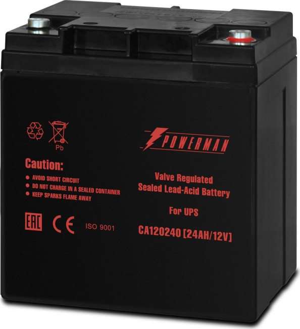 Батарея POWERMAN Battery CA12240, напряжение 12В, емкость 24Ач, макс. ток разряда 360А, макс. ток заряда 7.2А, свинцово-кислотная типа AGM, тип клемм M1, Д/Ш/В 166/126/174, 8.4 кг. Powerman CA12240/UPS