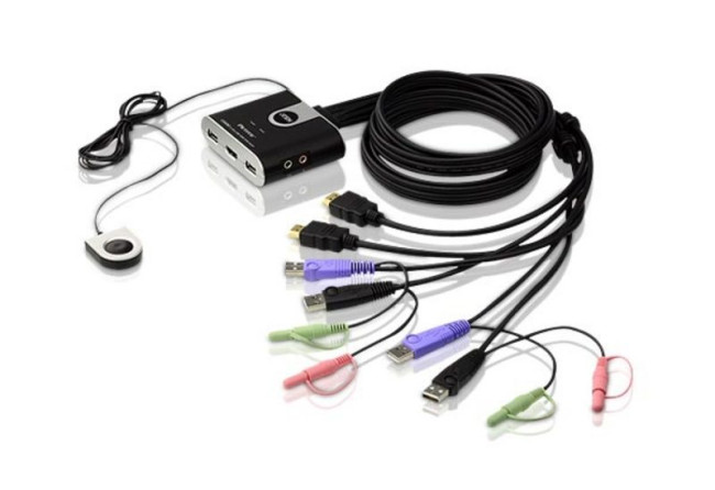 2-портовый KVM-переключатель со встроенными  KVM кабелями (1,2м), 1 user(HDMI(Female)+2xAudio(Female)+2xUSB(Тип А Female), KVM-порты:(HDMI(Male)+2xAudio(Male)+2xUSB(Тип A Male). Поддержка до (1920 x 1200) 1080p. Звук 2.1 ATEN CS692