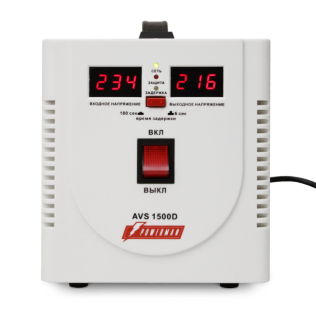 Стабилизатор POWERMAN AVS 1500D, ступенчатый регулятор, цифровые индикаторы уровней напряжения, 1500ВА, 140-260В, максимальный входной ток 10А, 2 евророзетки, IP-20, напольный,  200мм х 160мм х 190мм, 4 кг. POWERMAN AVS 1500D Стабилизатор POWERMAN AVS 1500D, ступенчатый регулятор, цифровые индикаторы уровней напряжения, 1500ВА, 140-260В, максимальный входной ток 10А, 2 евророзетки, IP-20, напольный,  200мм х 160мм х 190мм, 4 кг. POWERMAN AVS 1500D