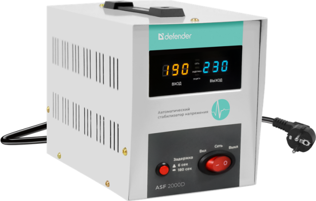 Стабилизатор напряжения ASF 2000D напольный 1200Вт метал корпус, 2 розетки Defender 99037 Стабилизатор напряжения ASF 2000D напольный 1200Вт метал корпус, 2 розетки Defender 99037