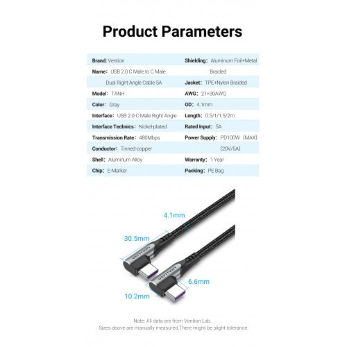 Кабель Vention USB 2.0 CM/CM угловой - 1м. Серый 5А PD100W Vention TANHF Кабель Vention USB 2.0 CM/CM угловой - 1м. Серый 5А PD100W Vention TANHF
