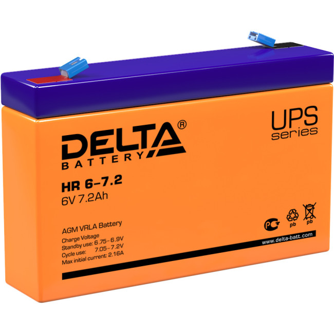 Батарея DELTA серия HR, HR 6-7,2, напряжение 6В, емкость 7.2Ач (разряд 20 часов),  макс. ток разряда (5 сек.) 108А, макс. ток заряда 2.1А, свинцово-кислотная типа AGM, клеммы F1, ДxШxВ 151х34х94мм., вес 1.28кг., срок службы 8 лет. Delta UPS HR 6-7.2 (6V /