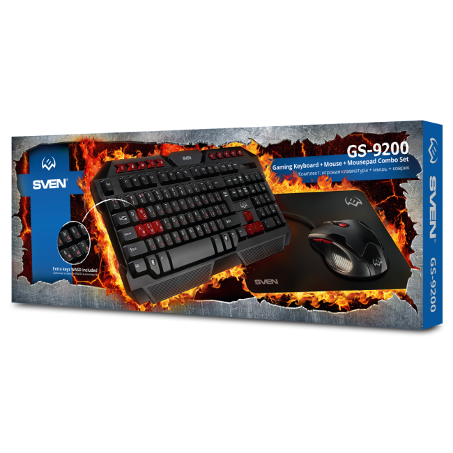 Игровой набор клавиатура+мышь+коврик SVEN GS-9200 (114 кл,, 8 смен. кл., 800-2400DPI, 5+1кл.) Sven GS-9200 Игровой набор клавиатура+мышь+коврик SVEN GS-9200 (114 кл,, 8 смен. кл., 800-2400DPI, 5+1кл.) Sven GS-9200