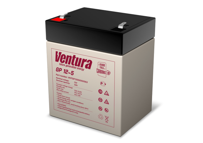 Батарея Ventura серия GP, GP12-5, напряжение  12B, емкость 5Ач (разряд 20 часов), макс. ток заряда 1.5А,  свинцово-кислотная типа AGM,  клеммы  T2, ДШВ  90х70х107мм, вес 1.65кг Ventura GP12-5