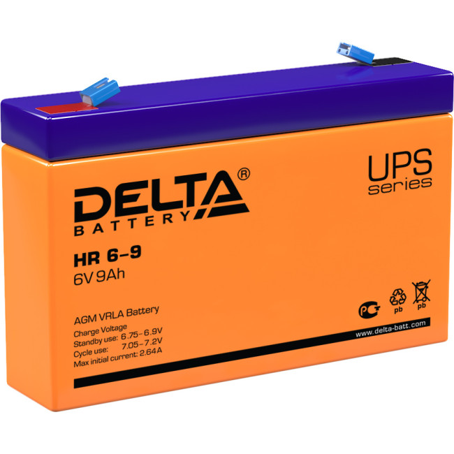 Батарея DELTA серия HR, HR 6-9, напряжение 6В, емкость 9Ач (разряд 20 часов),  макс. ток разряда (5 сек.) 135А, макс. ток заряда 2.55А, свинцово-кислотная типа AGM, клеммы F1, ДxШxВ 151х34х94мм., вес 1.37кг., срок службы 8 лет. Delta UPS HR 6-9 (6V / 9Ah)