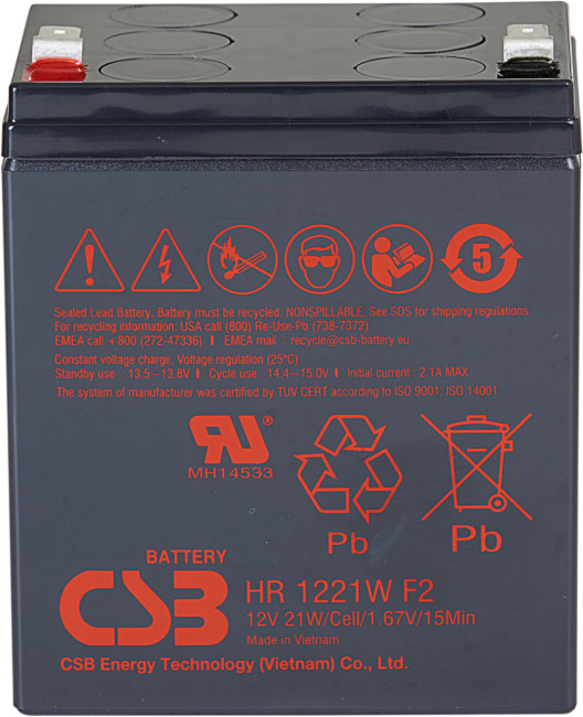 Батарея CSB серия GP, HR1221W F2, напряжение 12В, емкость 5Ач (разряд 20 часов), 21 Вт/Эл при 15-мин. разряде до U кон. - 1.67 В/Эл при 25 °С, макс. ток разряда (5 сек.) 90А, ток короткого замыкания 249А, макс. ток заряда 2.1A, свинцово-кислотная типа AGM