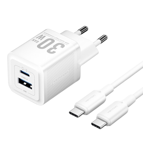 Набор для зарядки Vention з/у GaN 30W 2 порта USB (C + A) и кабель USB-C 3А Белый, шт. Vention TZ-FEQW0-EU-01