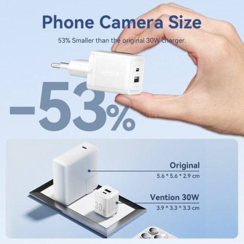 Набор для зарядки Vention з/у GaN 30W 2 порта USB (C + A) и кабель USB-C 3А Белый, шт. Vention TZ-FEQW0-EU-01