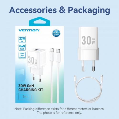 Набор для зарядки Vention з/у GaN 30W 2 порта USB (C + A) и кабель USB-C 3А Белый, шт. Vention TZ-FEQW0-EU-01