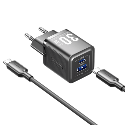Набор для зарядки Vention з/у GaN 30W 2 порта USB (C + A) и кабель USB-C 3А Чёрный, шт. Vention TZ-FEQB0-EU-01