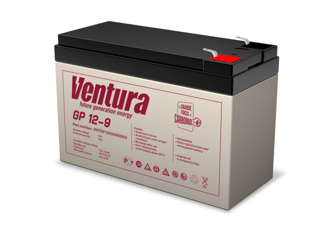 Батарея Ventura серия GP, GP12-9, напряжение  12B, емкость 9Ач (разряд 20 часов), макс. ток заряда 2.25А,  свинцово-кислотная типа AGM,  клеммы  T2, ДШВ  151х65х100мм, вес 2.5кг GP12-9 Ventura