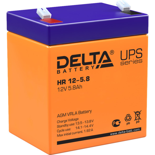 Батарея DELTA серия HR, HR 12-5,8, напряжение 12В, емкость 5.8Ач (разряд 20 часов),  макс. ток разряда (5 сек.) 75А, макс. ток заряда 1.74А, свинцово-кислотная типа AGM, клеммы F2, ДxШxВ 90х70х101мм., вес 1.95кг., срок службы 8 лет. Delta UPS HR 12-5.8 (1