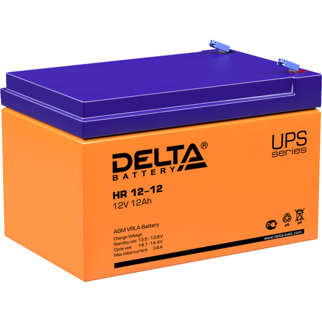 Батарея DELTA серия HR, HR 12-12, напряжение 12В, емкость 12Ач (разряд 20 часов),  макс. ток разряда (5 сек.) 180А, макс. ток заряда 3.6А, свинцово-кислотная типа AGM, клеммы F2, ДxШxВ 151х98х95мм., вес 3.72кг., срок службы 8 лет. Delta UPS HR 12-12 (12V 