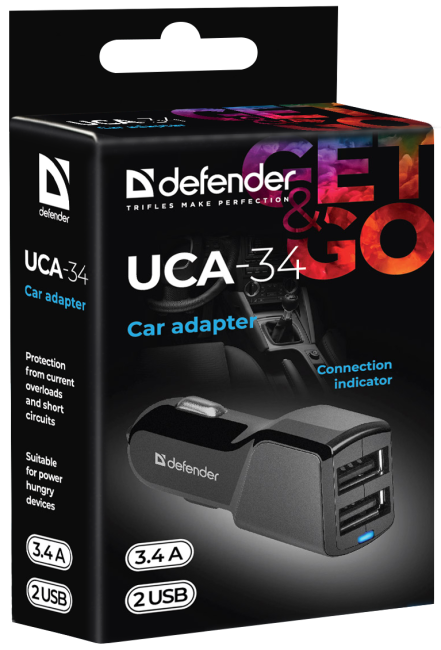 Defender Автомобильный адаптер UCA-34 2xUSB, 5V/3.4А Defender UCA-34