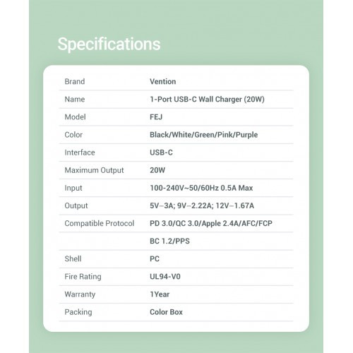 Сетевое зарядное устройство Vention на 1 порт USB С 20W  Фиолетовый, шт. Vention FEJV0-EU Сетевое зарядное устройство Vention на 1 порт USB С 20W  Фиолетовый, шт. Vention FEJV0-EU
