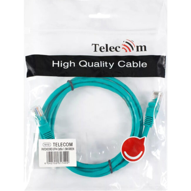Патчкорд литой "Telecom" UTP кат.5е 1,5м зеленый VCOM NA102-G-1.5M