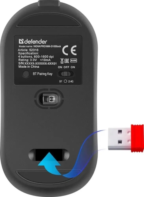 Defender Беспроводная оптическая мышь NovaPro MM-316 чрн,2.4G+BT,4кн,1600dpi,400мАч Defender 52316 Defender Беспроводная оптическая мышь NovaPro MM-316 чрн,2.4G+BT,4кн,1600dpi,400мАч Defender 52316