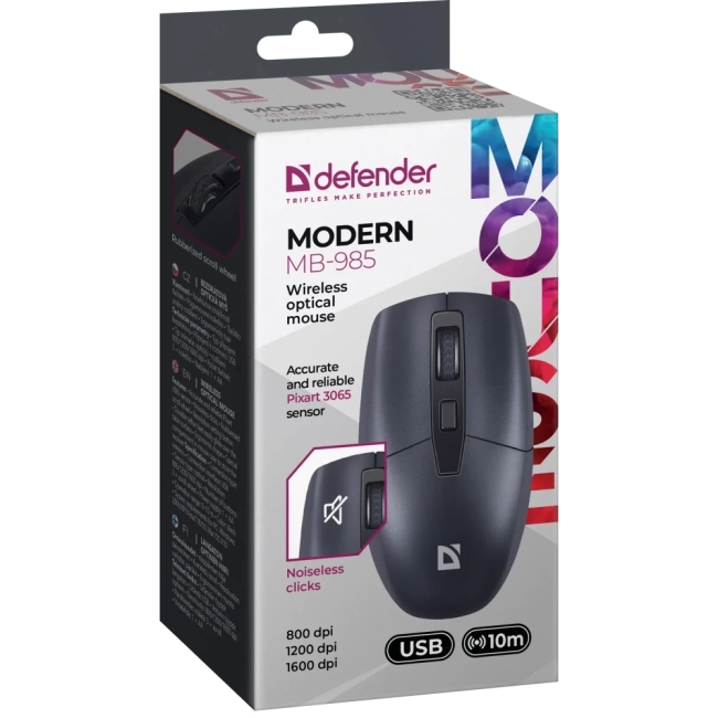 Defender Беспроводная оптическая мышь Modern MB-985 черный,4D,800-1600dpi,бесшумн Defender 52985 Defender Беспроводная оптическая мышь Modern MB-985 черный,4D,800-1600dpi,бесшумн Defender 52985