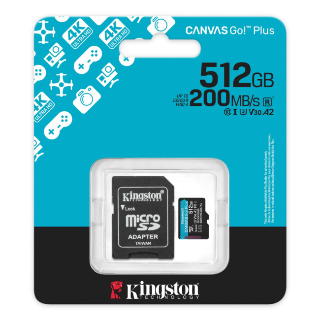 Карта памяти Kingston  512GB microSDXC Canvas Go Plus Gen4 200MB/s A2 U3 V30 Card + ADP Kingston SDCG4/512GB