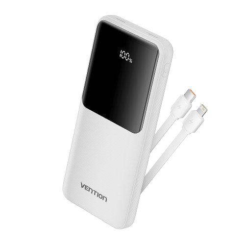 Power Bank Vention 10000mAh(Micro-USB/C/A/A) со встроенными кабелями 22.5W Белый с LED Дисплеем, шт. Vention FHOW0
