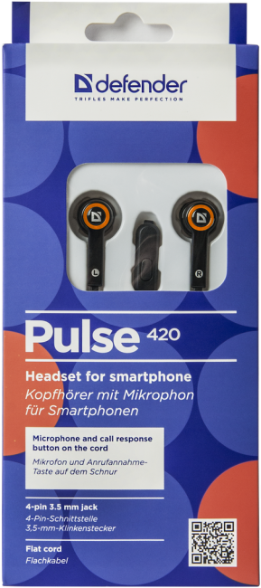 Defender Гарнитура для смартфонов Pulse 420 черный + оранжевый, вставки Defender Pulse 420 Defender Гарнитура для смартфонов Pulse 420 черный + оранжевый, вставки Defender Pulse 420